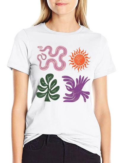 Trendy Graphic Tee - Snake Sun Plant Bird Design