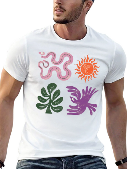 Trendy Graphic Tee - Snake Sun Plant Bird Design