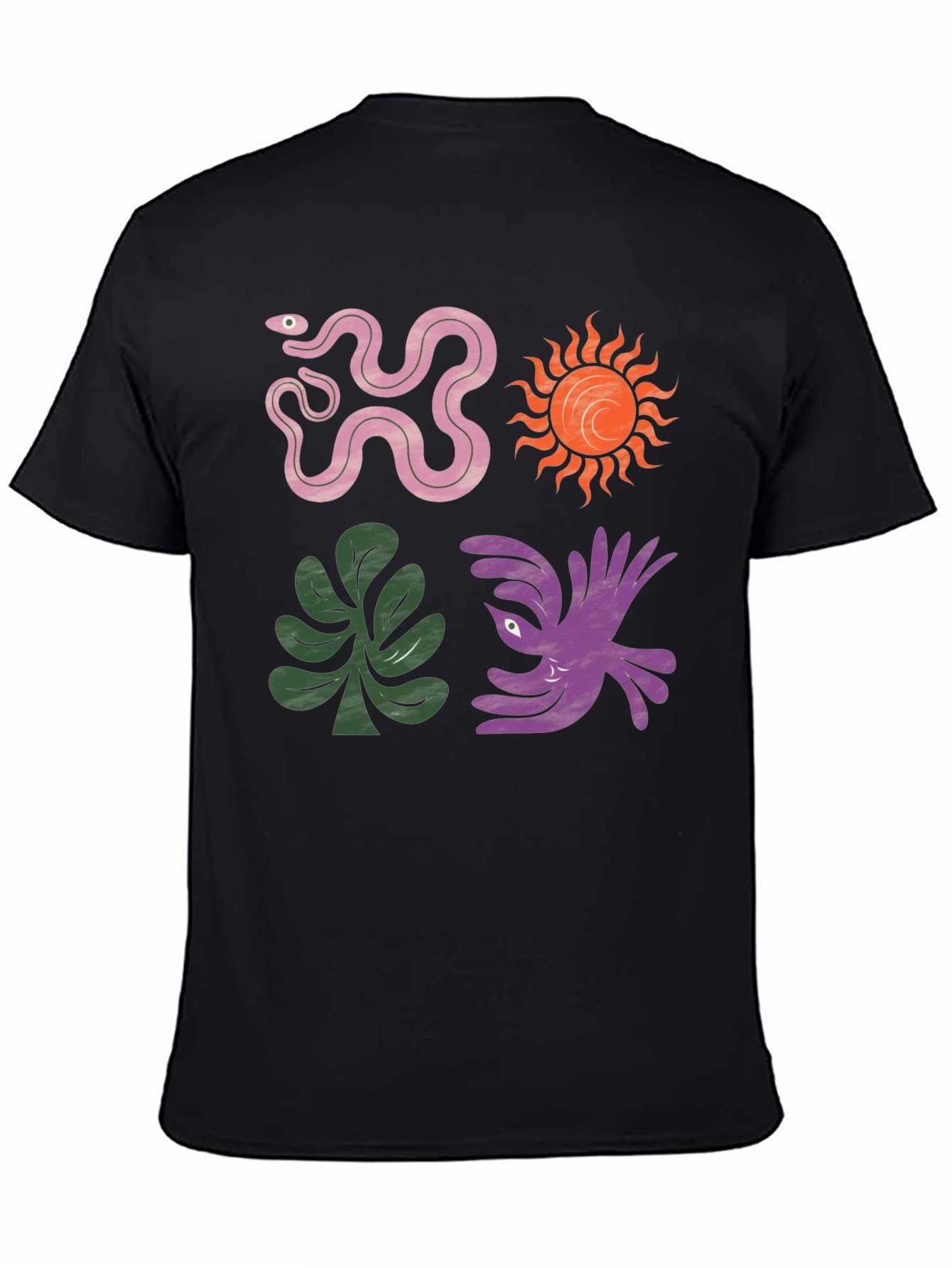 Trendy Graphic Tee - Snake Sun Plant Bird Design