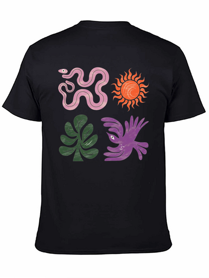 Trendy Graphic Tee - Snake Sun Plant Bird Design