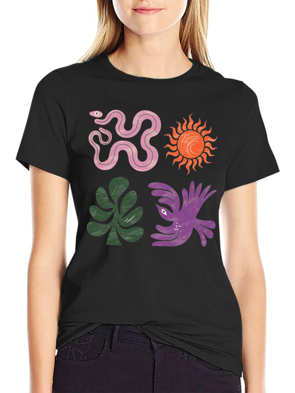 Trendy Graphic Tee - Snake Sun Plant Bird Design