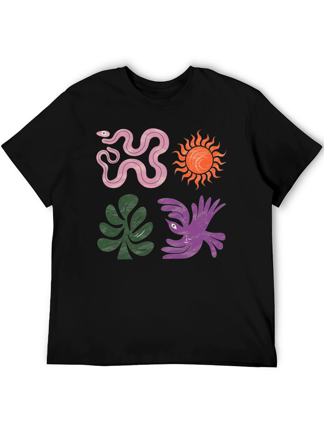 Trendy Graphic Tee - Snake Sun Plant Bird Design