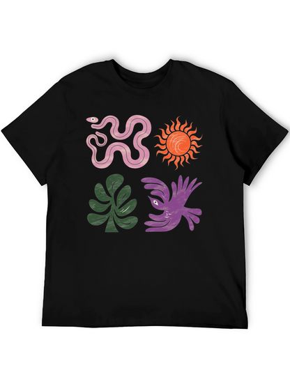Trendy Graphic Tee - Snake Sun Plant Bird Design
