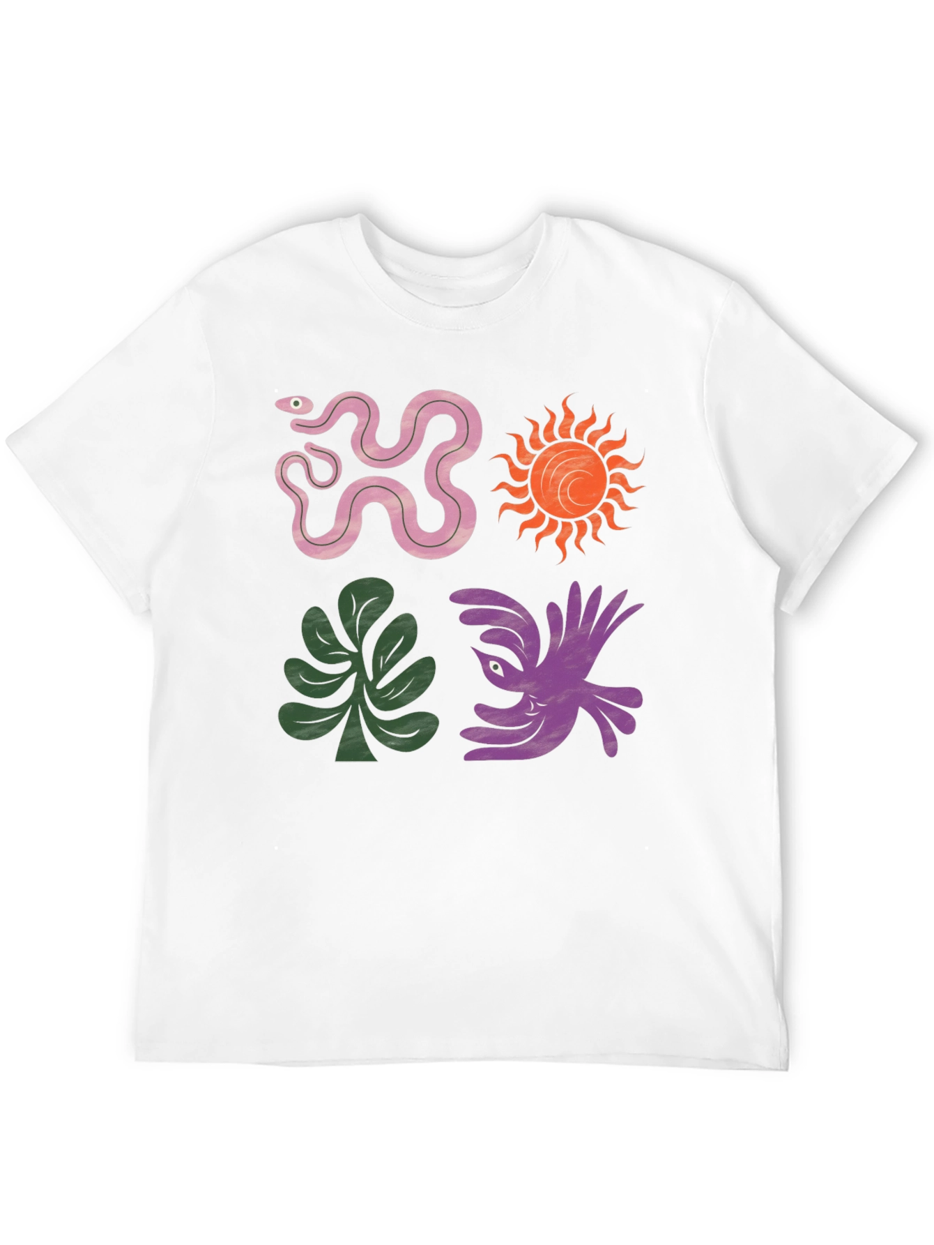 Trendy Graphic Tee - Snake Sun Plant Bird Design