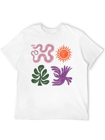 Trendy Graphic Tee - Snake Sun Plant Bird Design