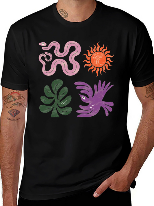 Trendy Graphic Tee - Snake Sun Plant Bird Design