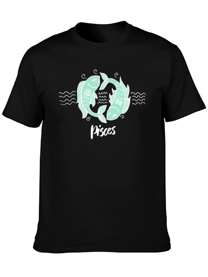 Pisces Zodiac Graphic Tee - Black Cotton T-Shirt