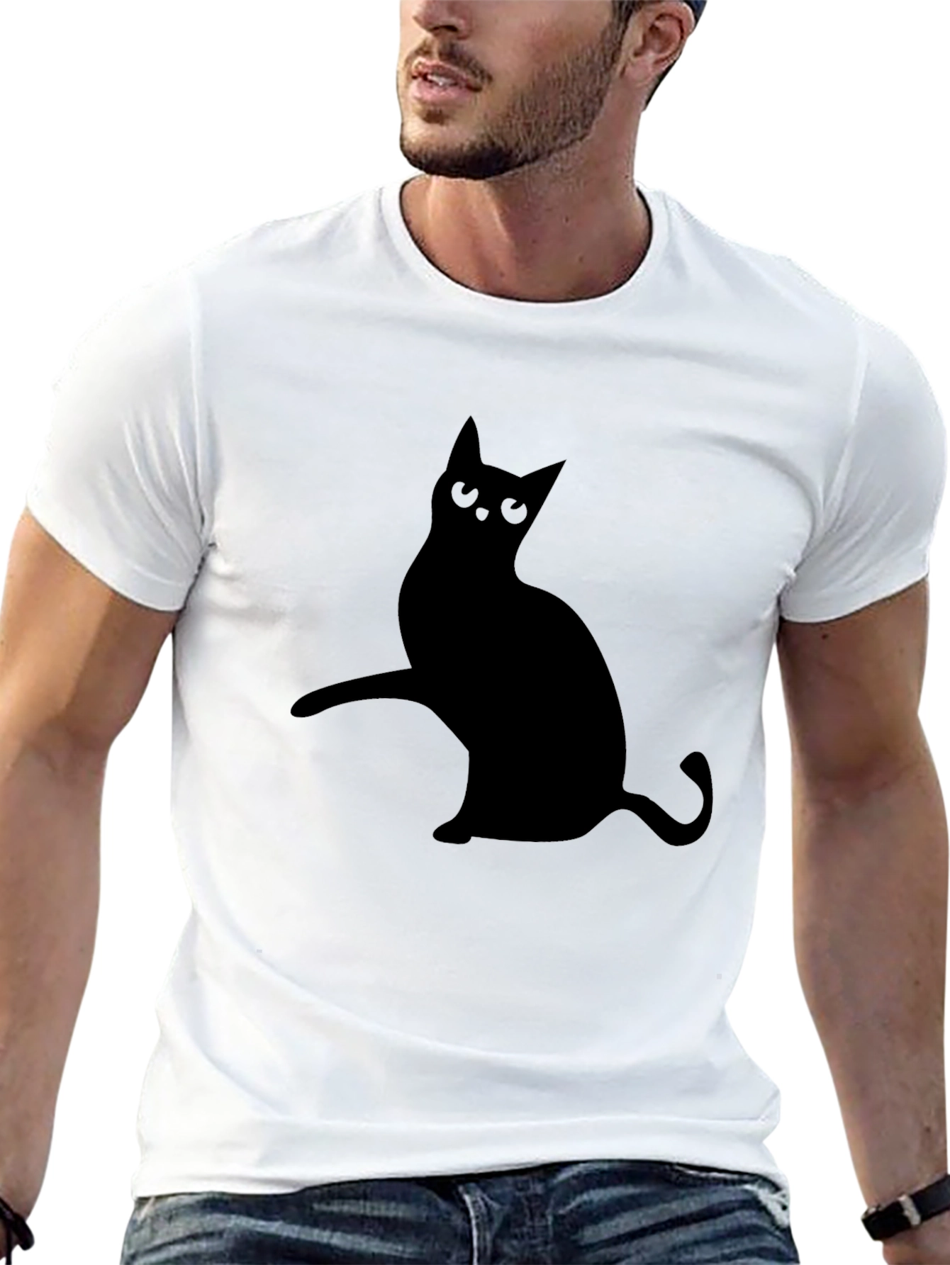 Mens Black T-Shirt with Cat Silhouette Design