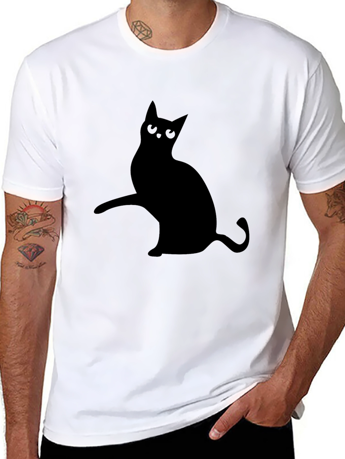 Mens Black T-Shirt with Cat Silhouette Design