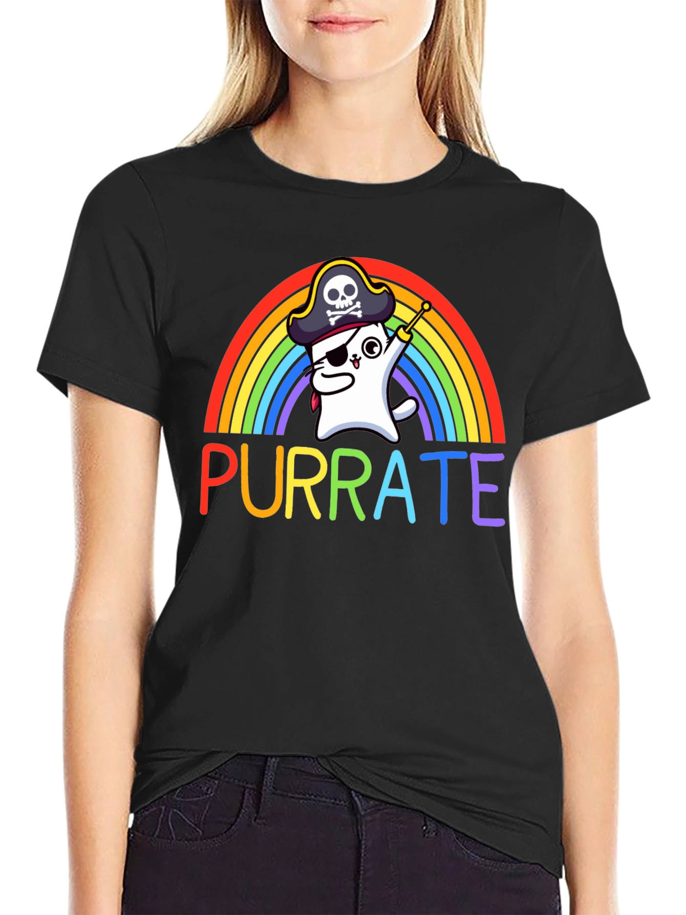 Purrate T-Shirt: Rainbow Cat Pirate Tee