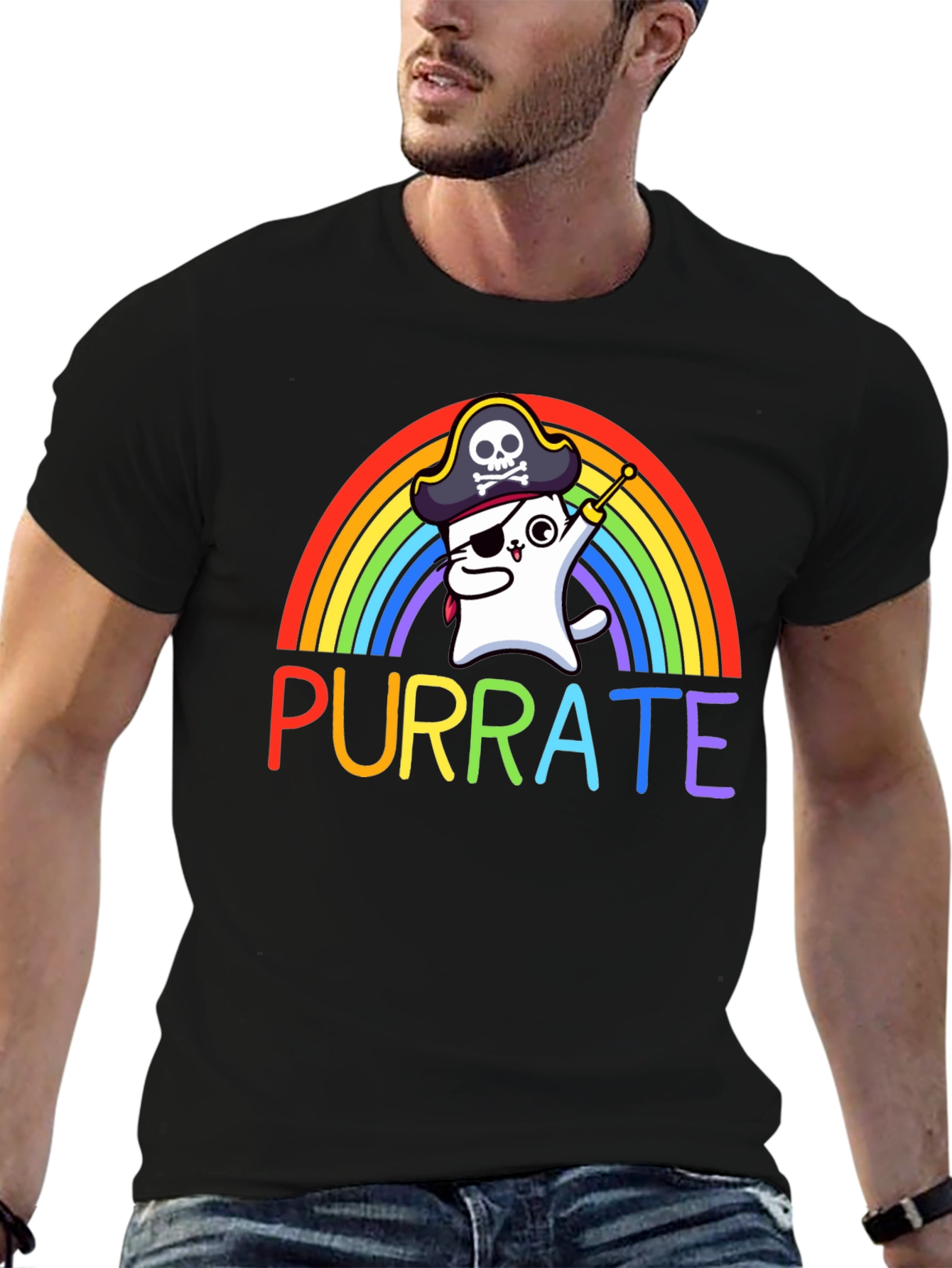 Purrate T-Shirt: Rainbow Cat Pirate Tee