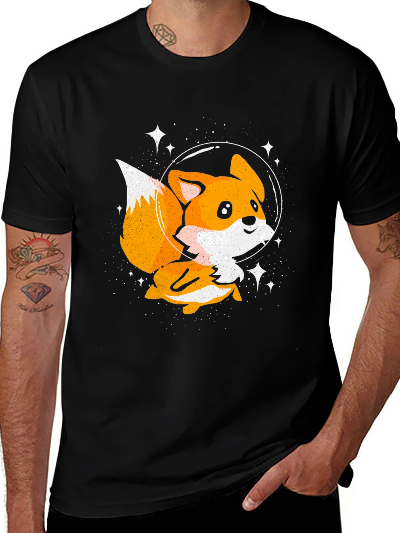 Cute Space Fox T-Shirt - Black Graphic Tee