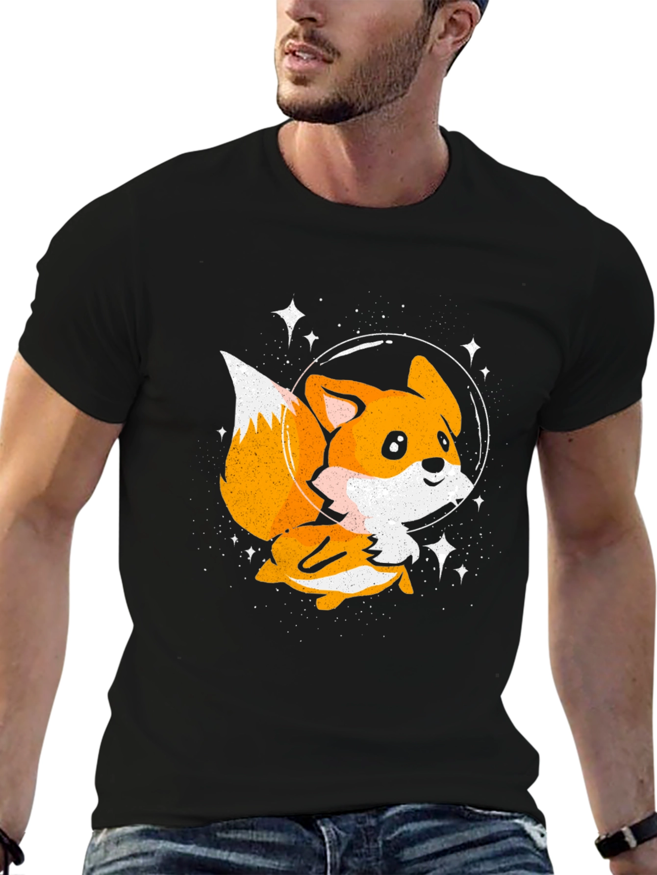 Cute Space Fox T-Shirt - Black Graphic Tee