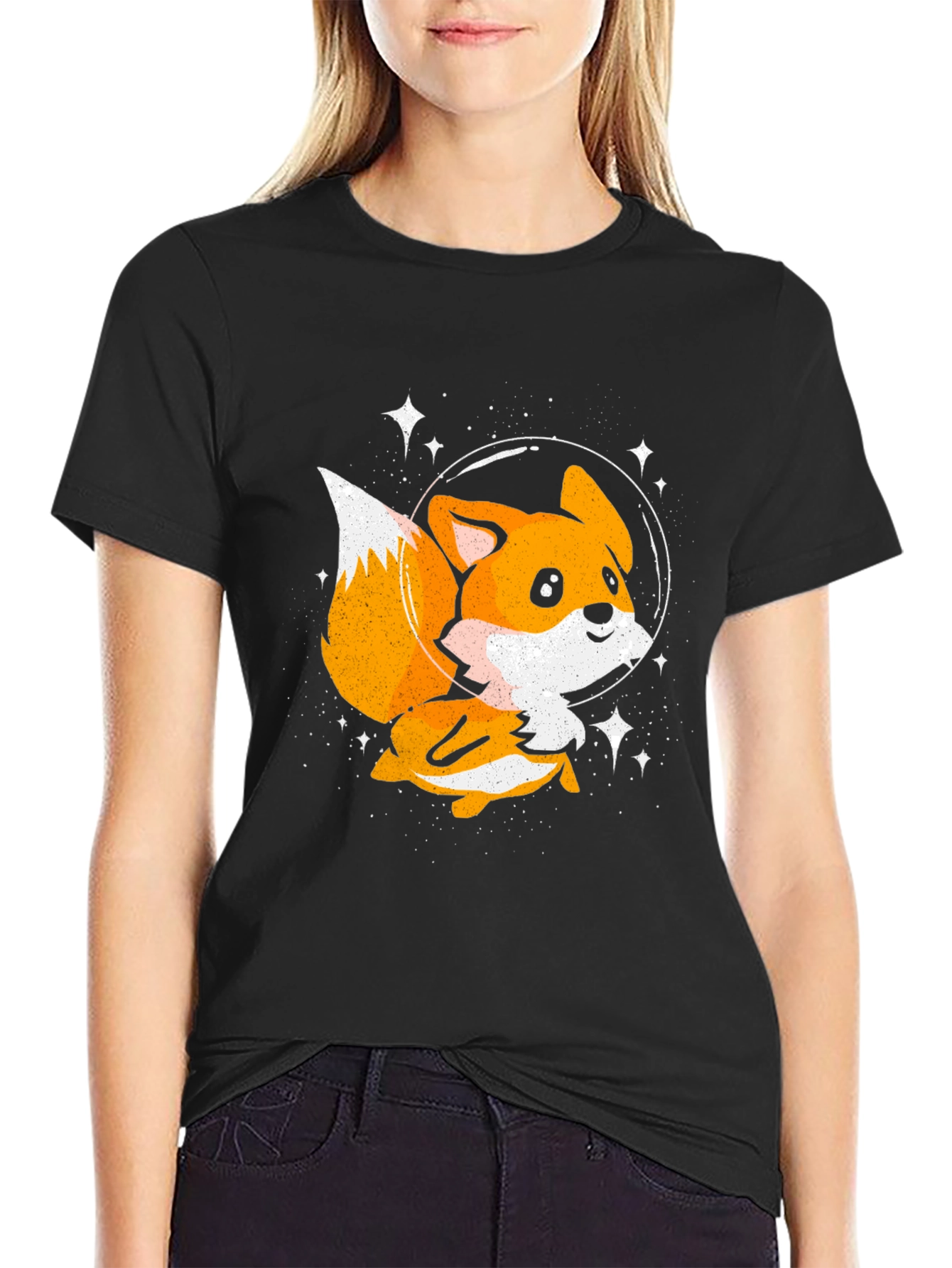 Cute Space Fox T-Shirt - Black Graphic Tee