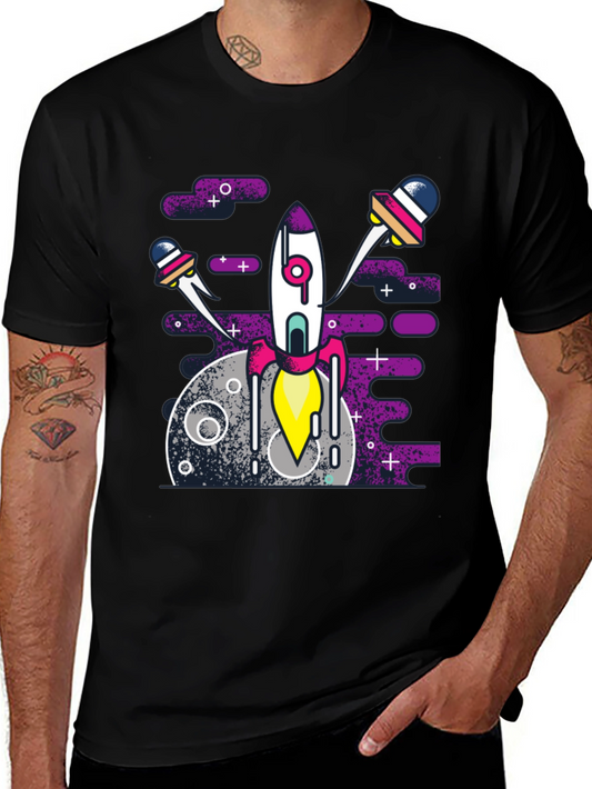 Space Rocket Graphic Tee - Black Cotton Blend Shirt
