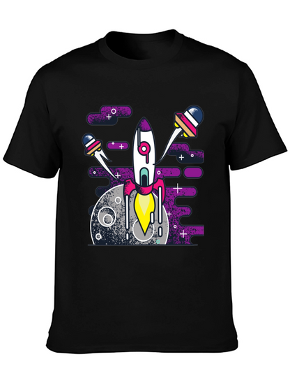 Space Rocket Graphic Tee - Black Cotton Blend Shirt