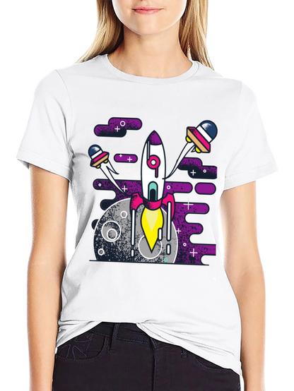 Space Rocket Graphic Tee - Black Cotton Blend Shirt