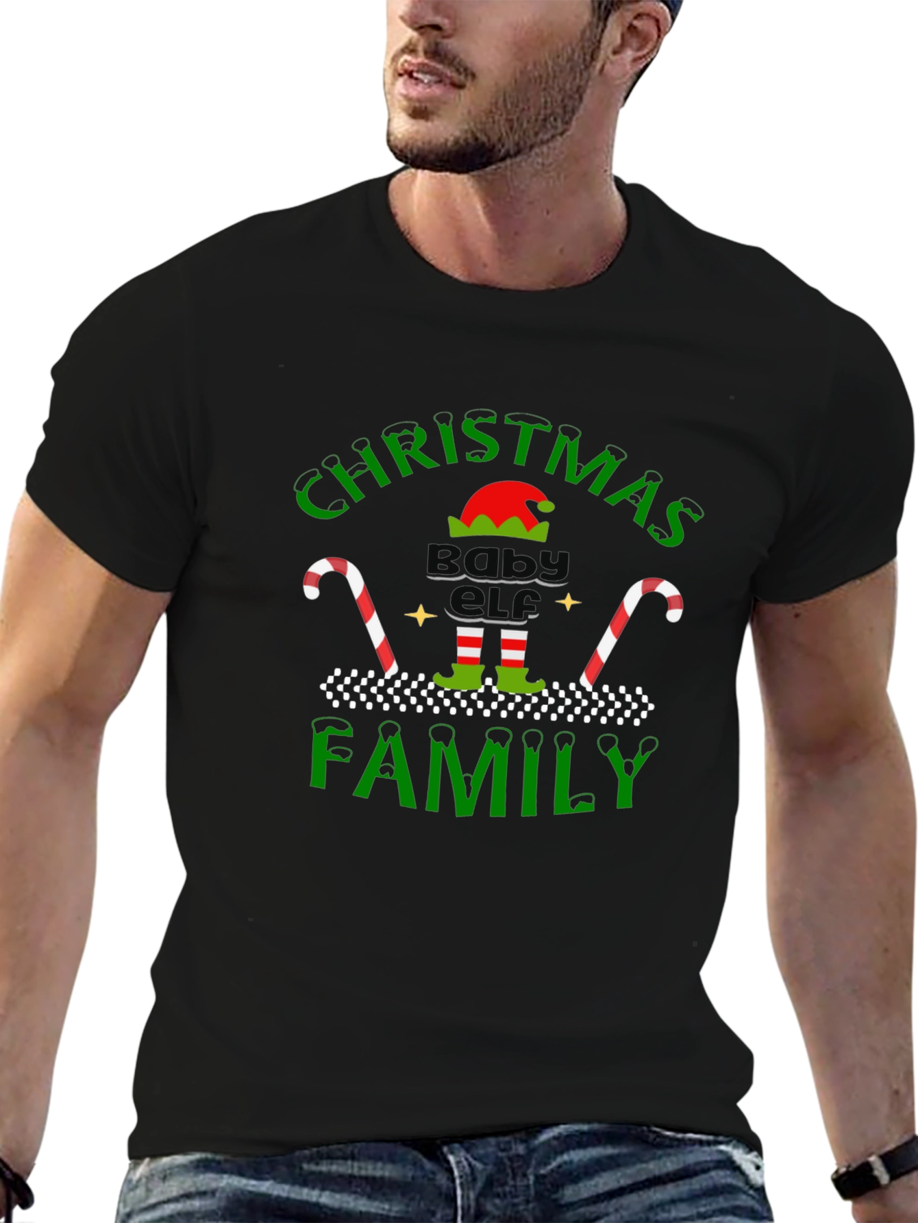 Christmas Baby Elf Family Black T-Shirt