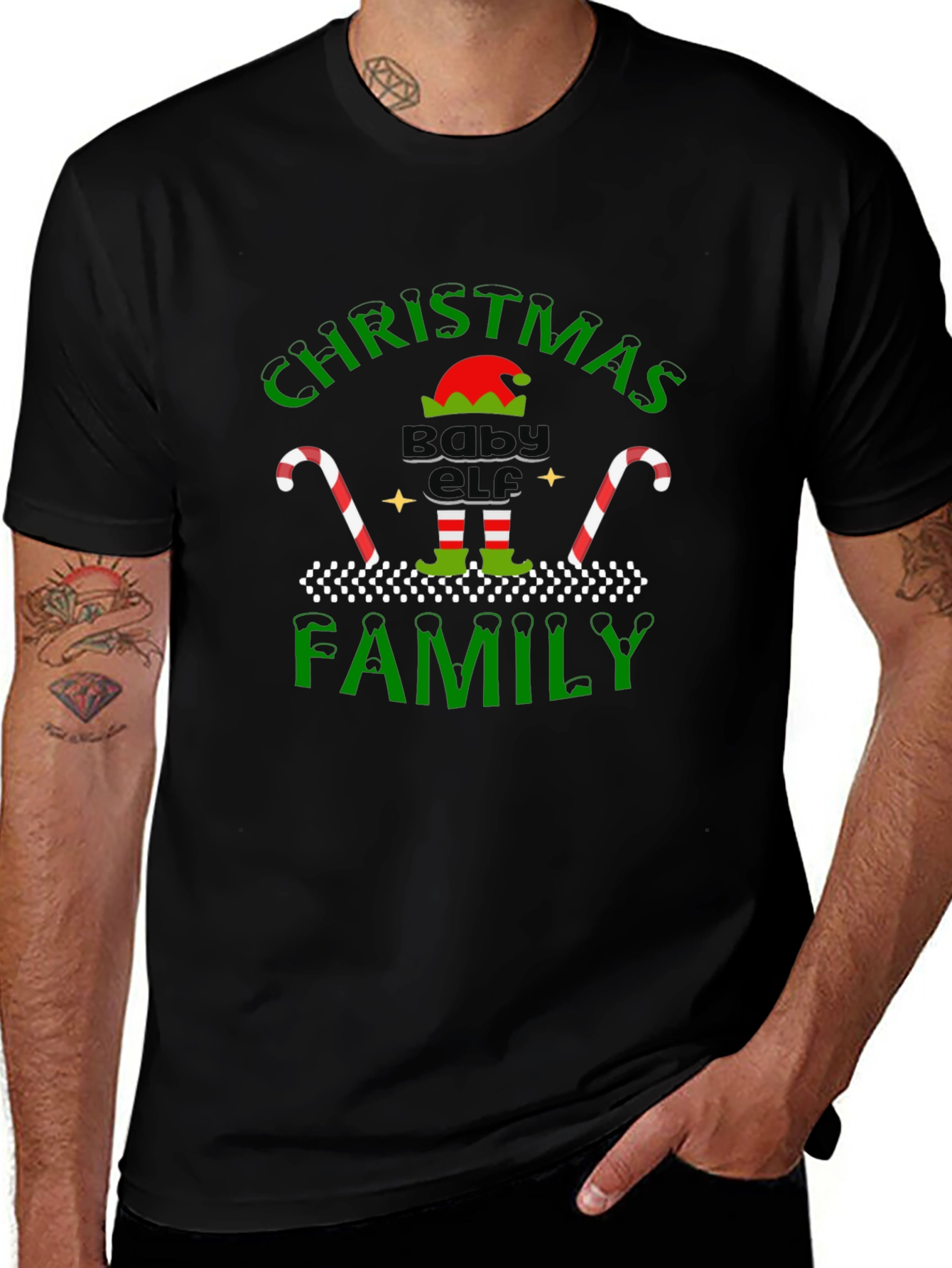 Christmas Baby Elf Family Black T-Shirt