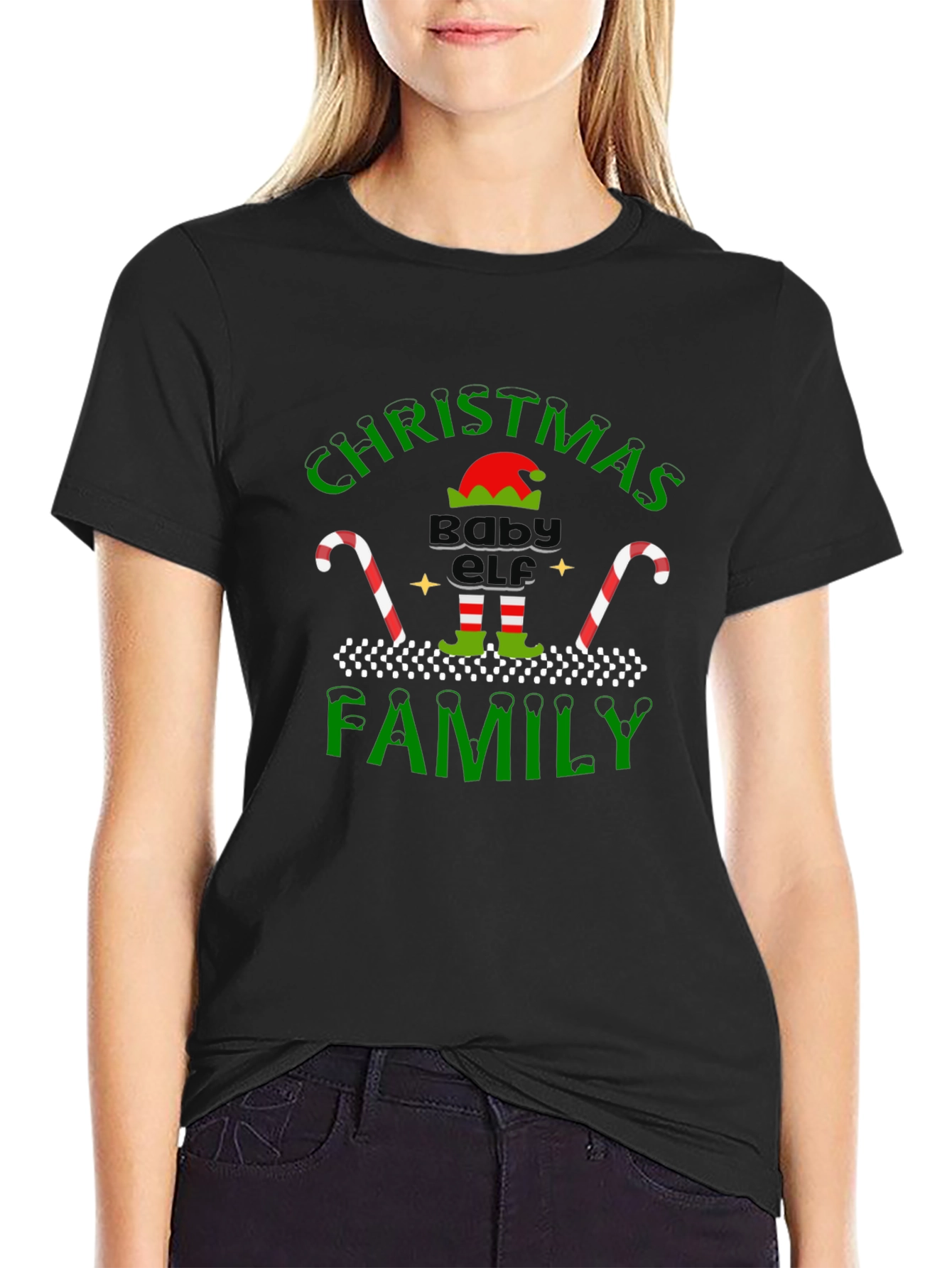 Christmas Baby Elf Family Black T-Shirt
