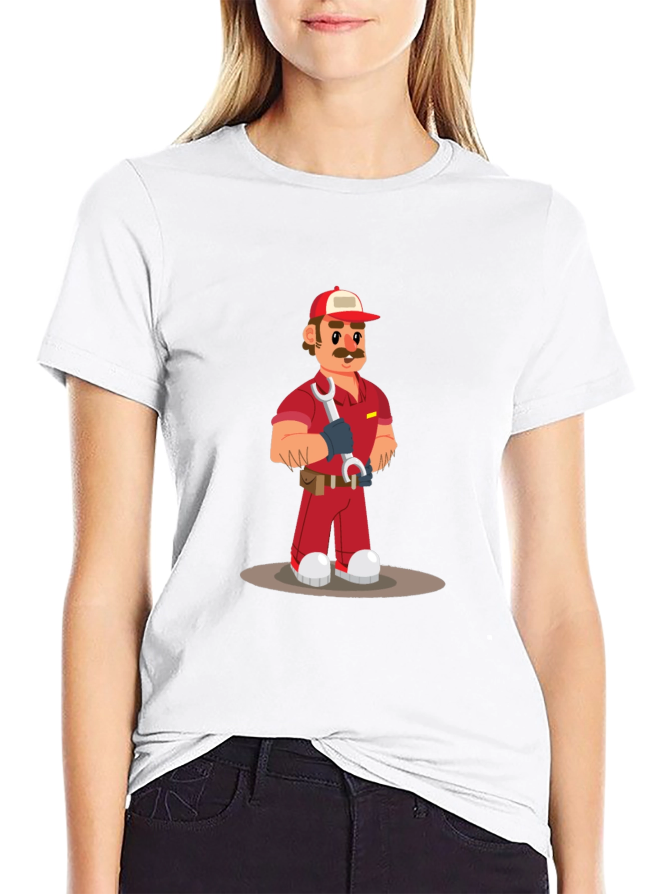 Cartoon Mechanic Graphic Tee - Black Casual T-Shirt
