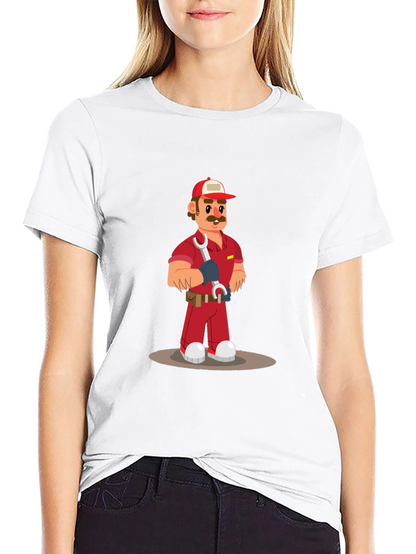 Cartoon Mechanic Graphic Tee - Black Casual T-Shirt