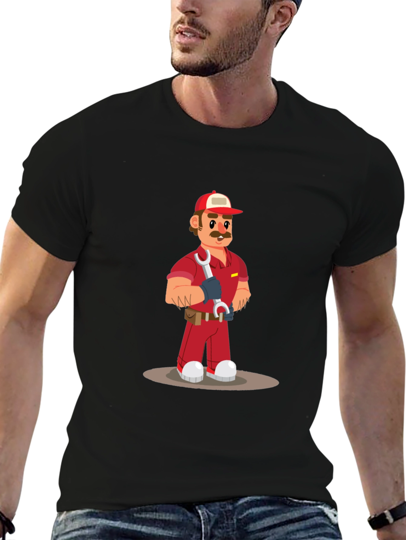 Cartoon Mechanic Graphic Tee - Black Casual T-Shirt