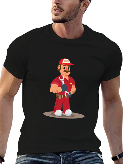 Cartoon Mechanic Graphic Tee - Black Casual T-Shirt
