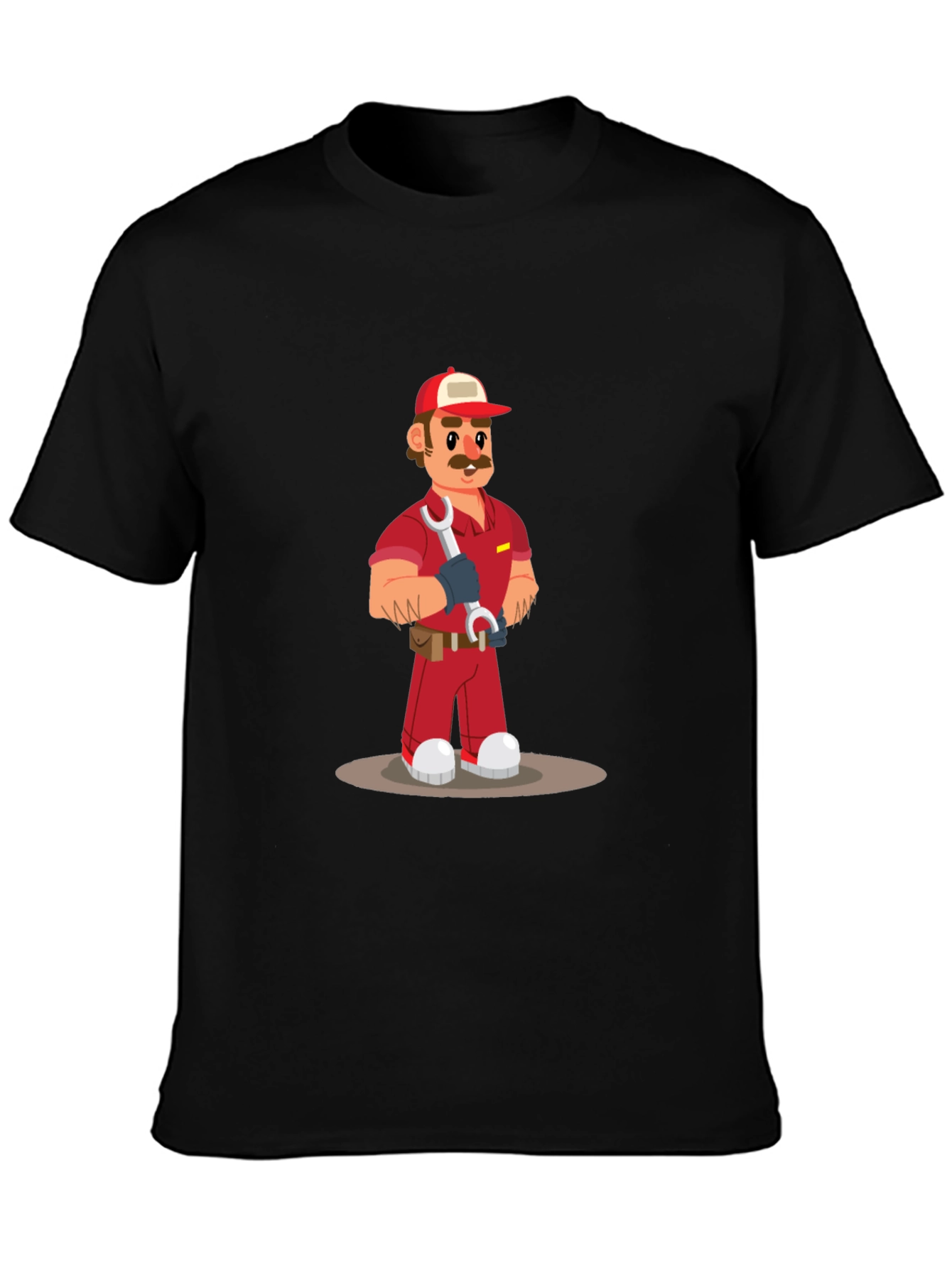 Cartoon Mechanic Graphic Tee - Black Casual T-Shirt