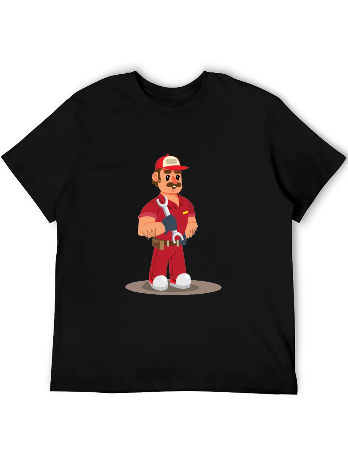 Cartoon Mechanic Graphic Tee - Black Casual T-Shirt
