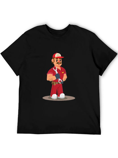 Cartoon Mechanic Graphic Tee - Black Casual T-Shirt