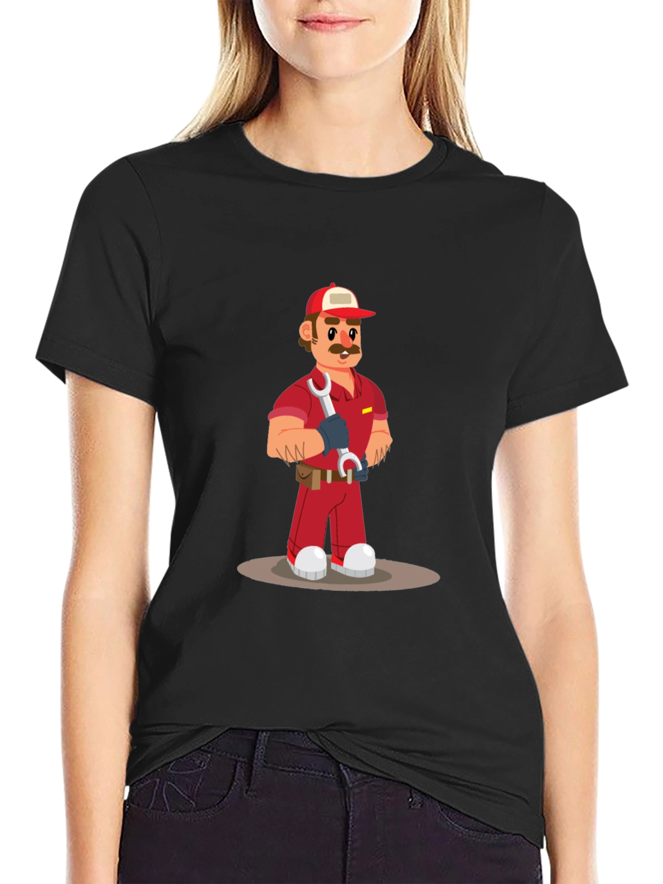 Cartoon Mechanic Graphic Tee - Black Casual T-Shirt