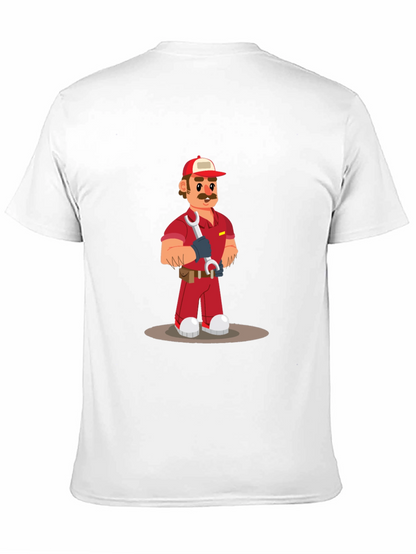 Cartoon Mechanic Graphic Tee - Black Casual T-Shirt