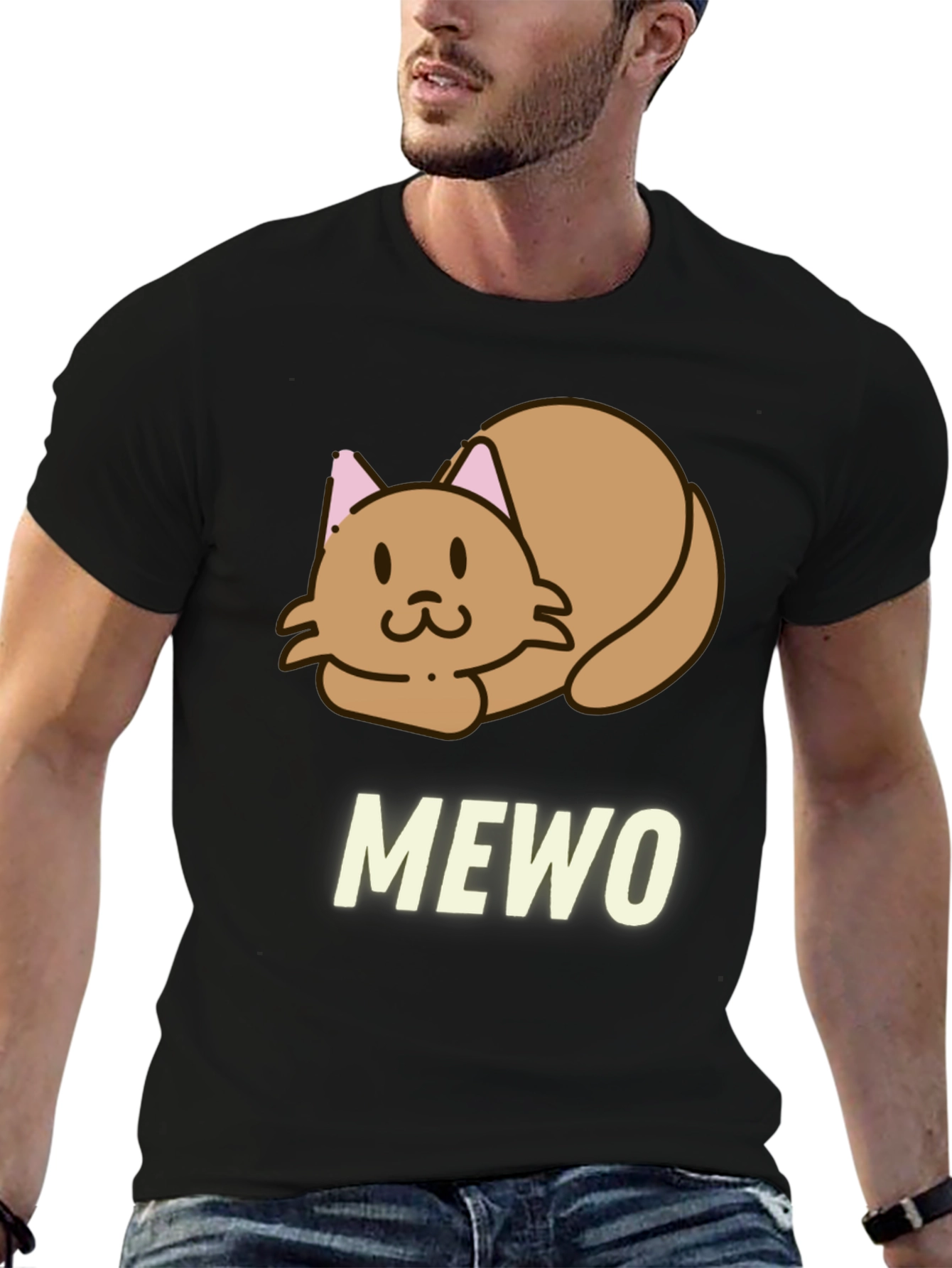 Cute MEWO Cat Graphic Black T-Shirt
