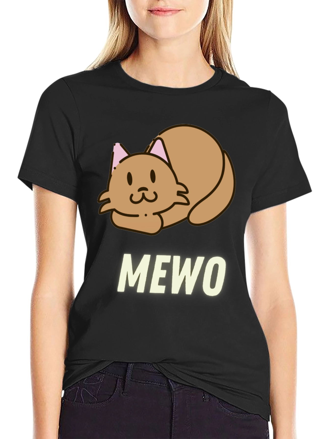 Cute MEWO Cat Graphic Black T-Shirt