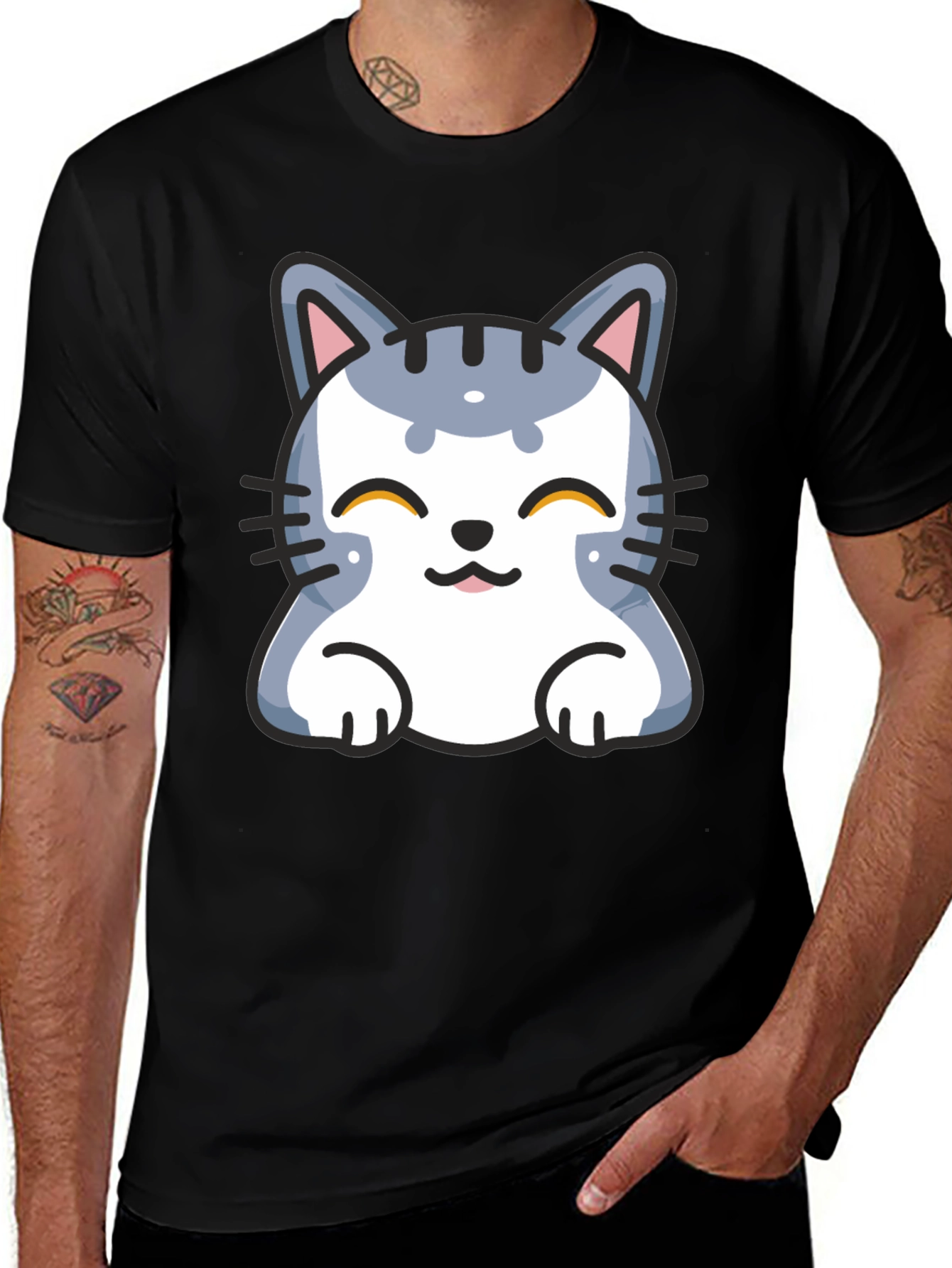 Cute Cartoon Cat T-Shirt - Black
