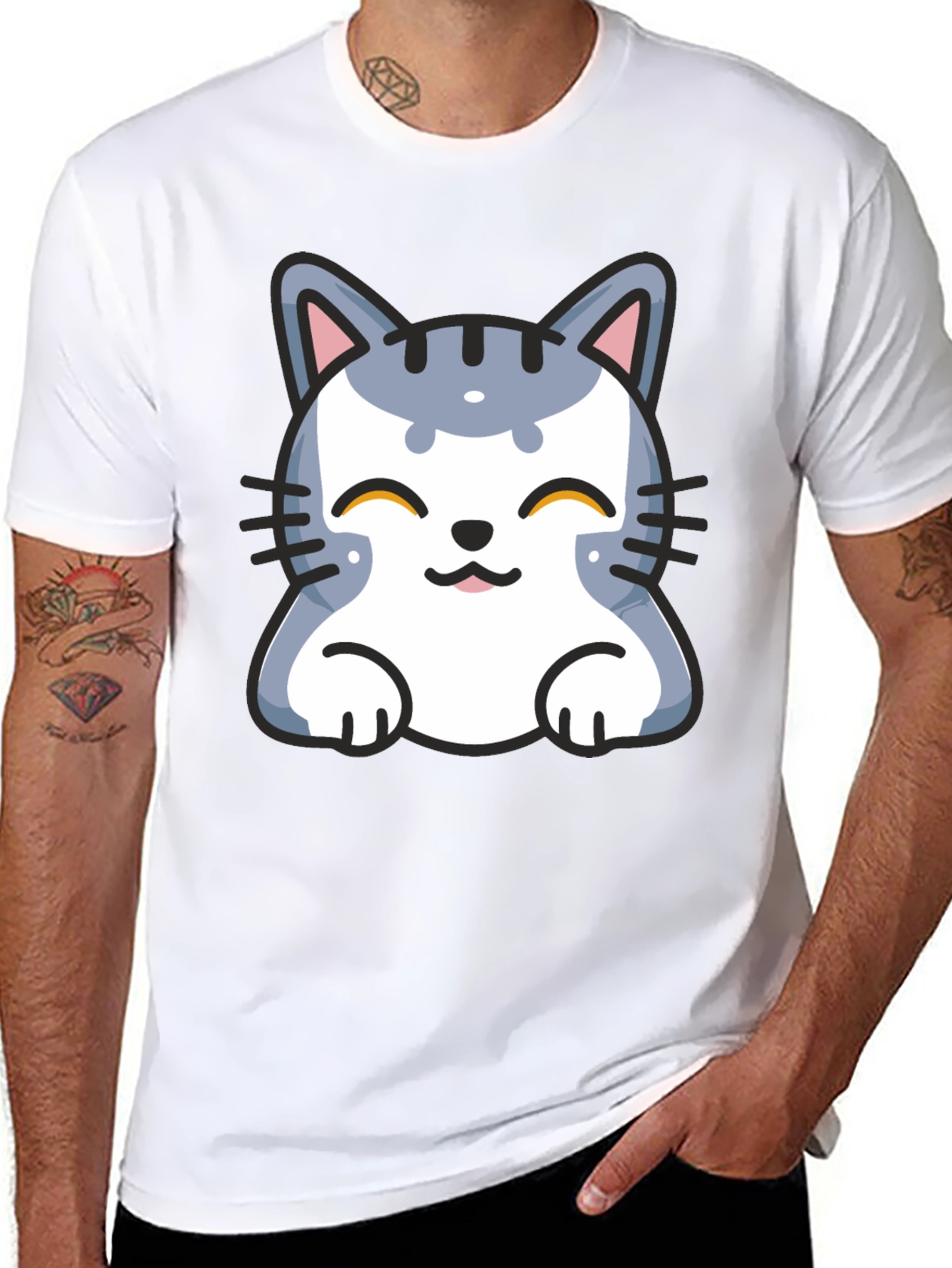Cute Cartoon Cat T-Shirt - Black
