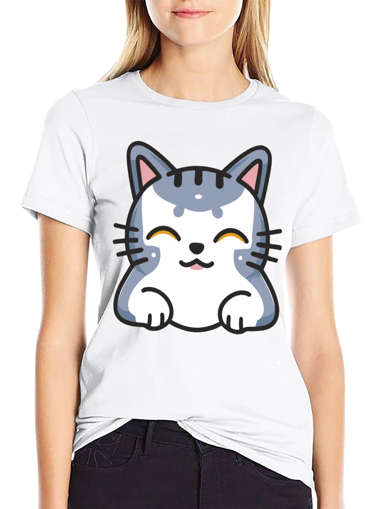 Cute Cartoon Cat T-Shirt - Black