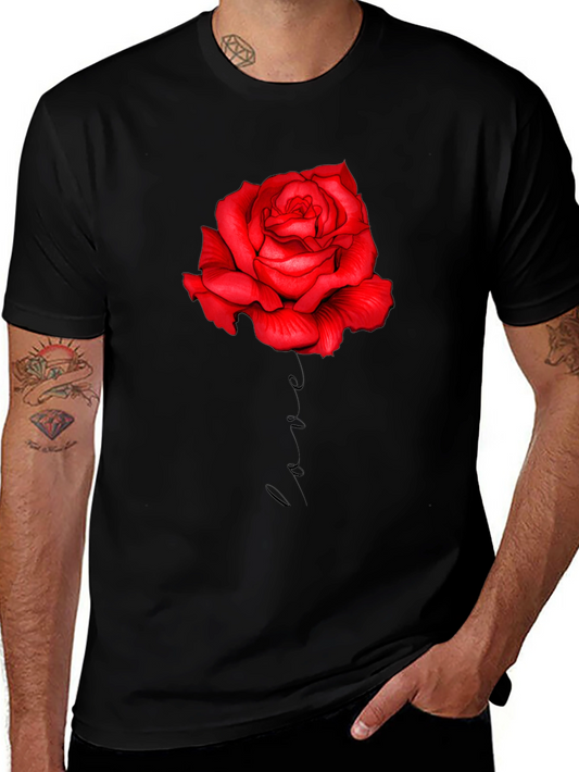Red Rose Love Print Black T-Shirt