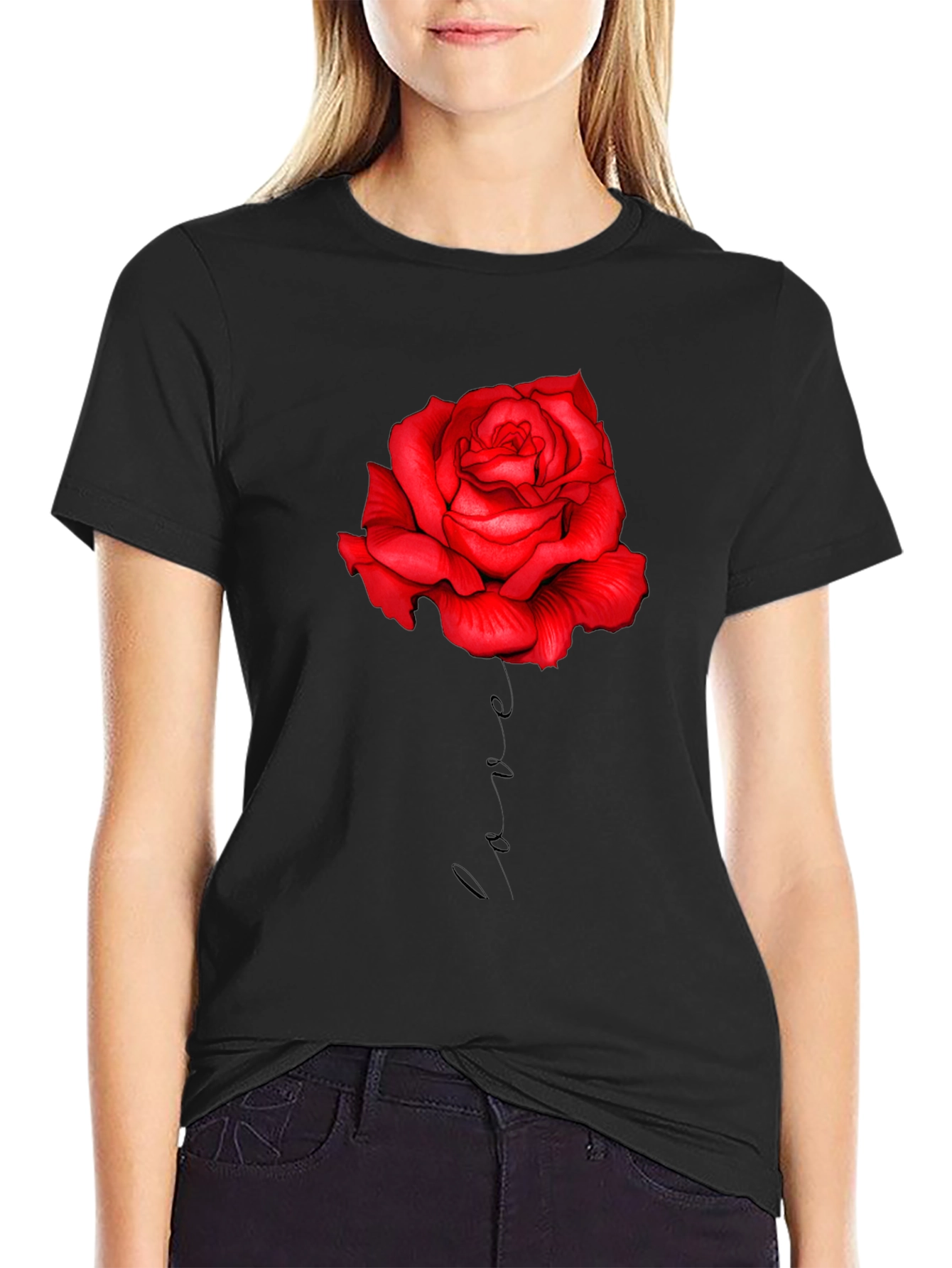 Red Rose Love Print Black T-Shirt
