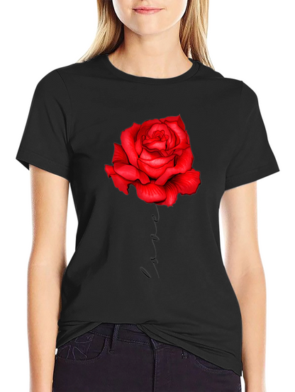 Red Rose Love Print Black T-Shirt