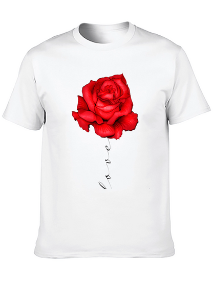 Red Rose Love Print Black T-Shirt