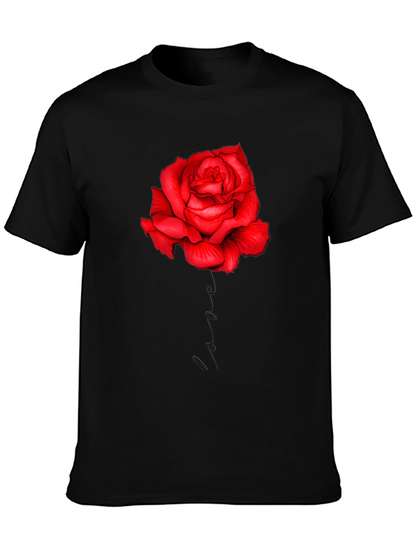 Red Rose Love Print Black T-Shirt