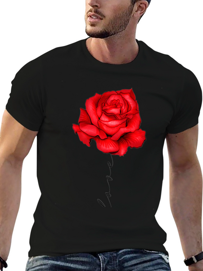 Red Rose Love Print Black T-Shirt