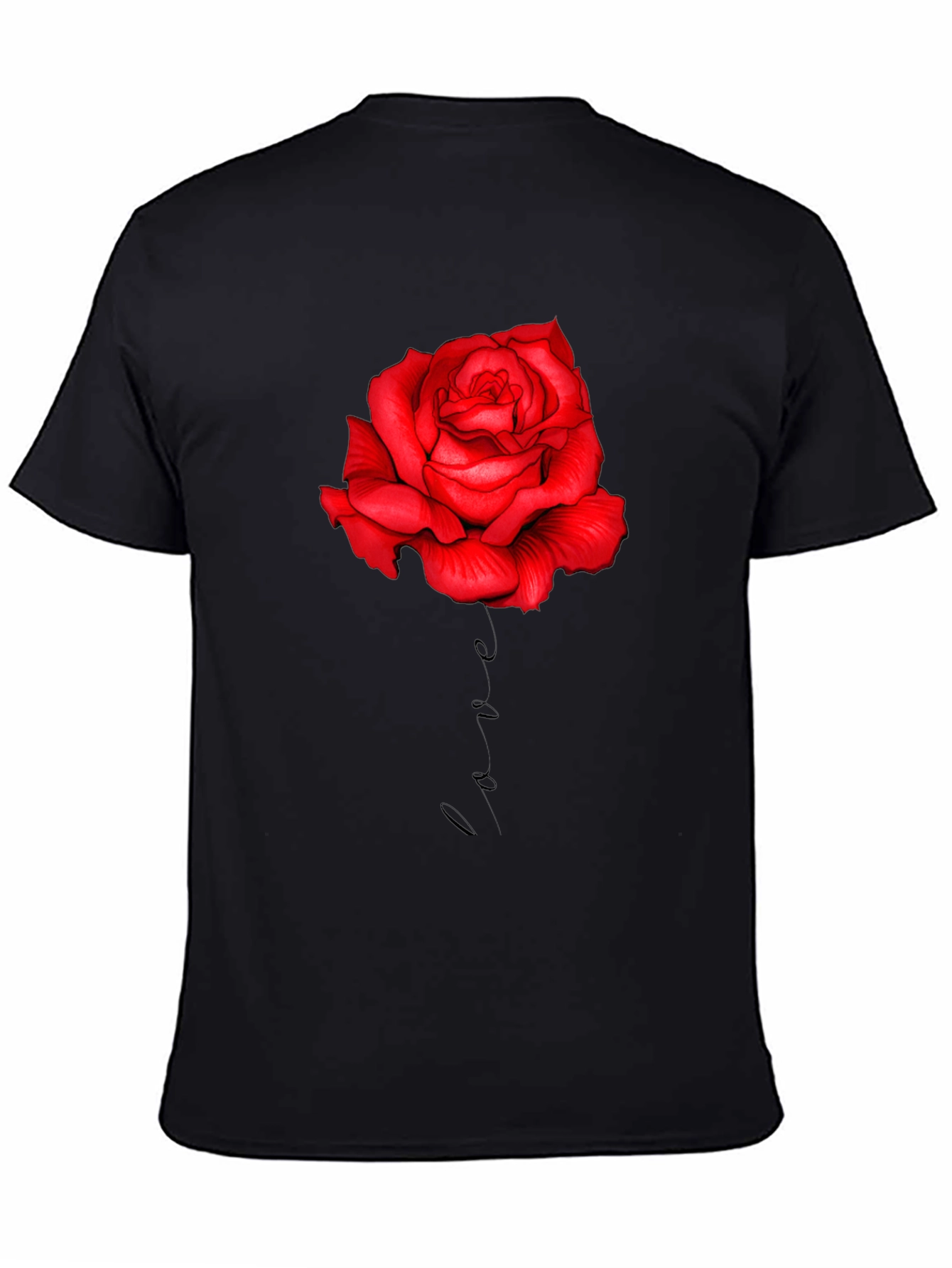 Red Rose Love Print Black T-Shirt