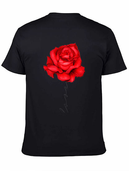 Red Rose Love Print Black T-Shirt