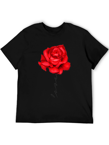 Red Rose Love Print Black T-Shirt