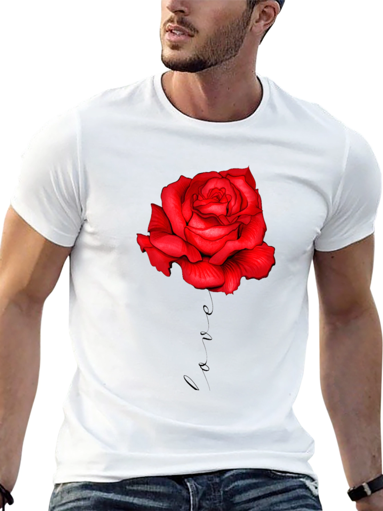 Red Rose Love Print Black T-Shirt