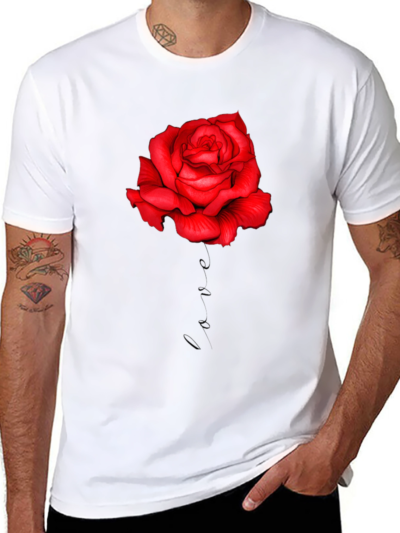 Red Rose Love Print Black T-Shirt