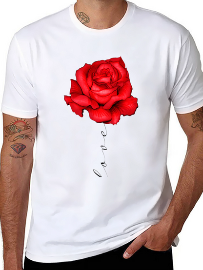 Red Rose Love Print Black T-Shirt